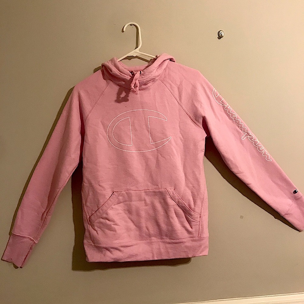 Champion Pink Hoodie logo front name on sleeve, Sm